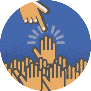 Illustration of one hand pointing to another out of a crowd