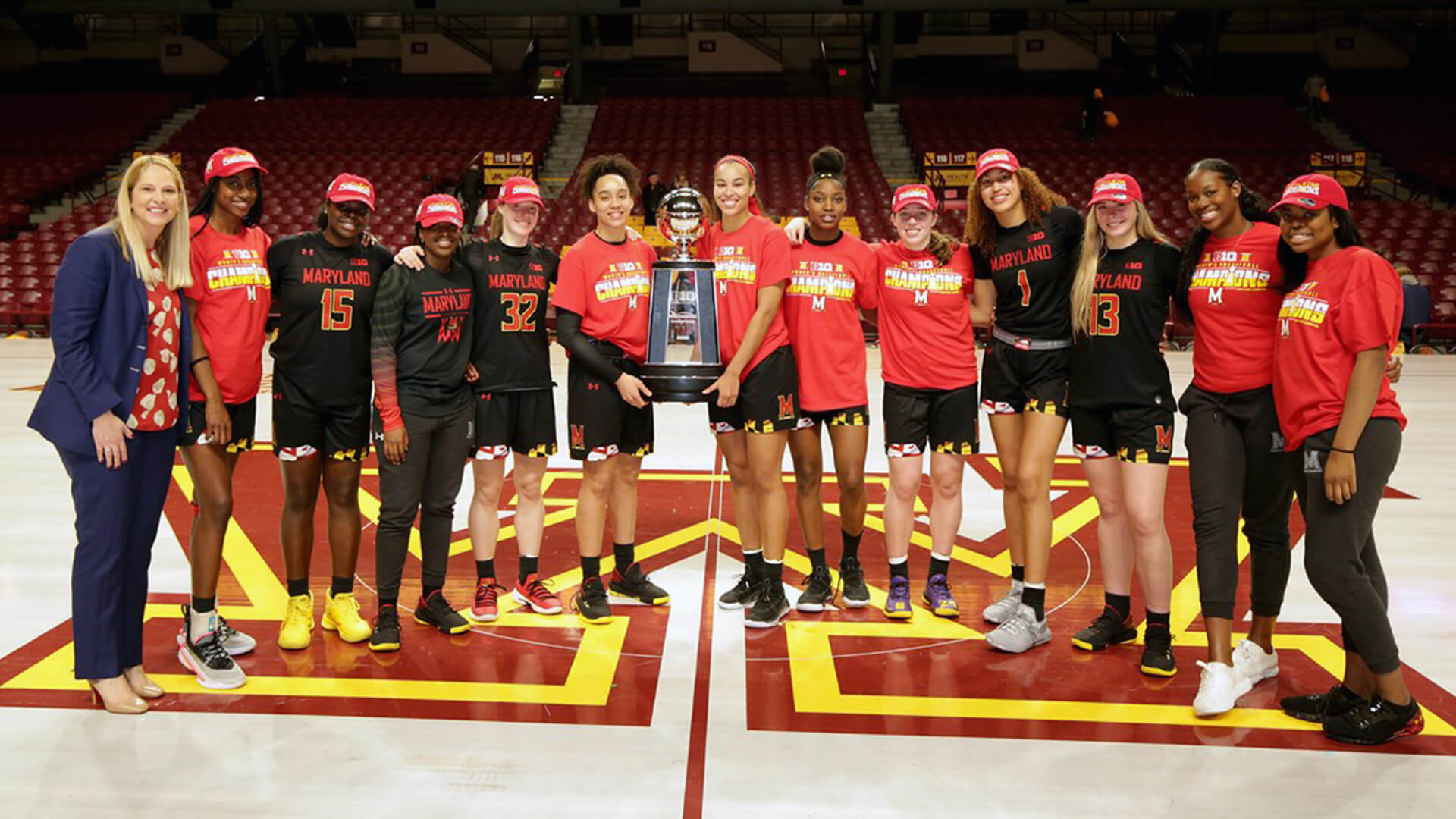 Women's basketball team poses with Big Ten trophy