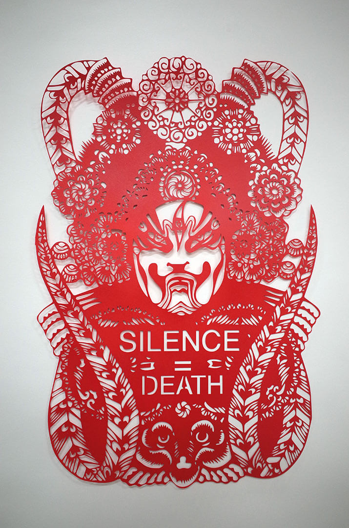 “Not Sorry for the Trouble 3 (Silence = Death),” reclaimed cut paper forms, spray paint