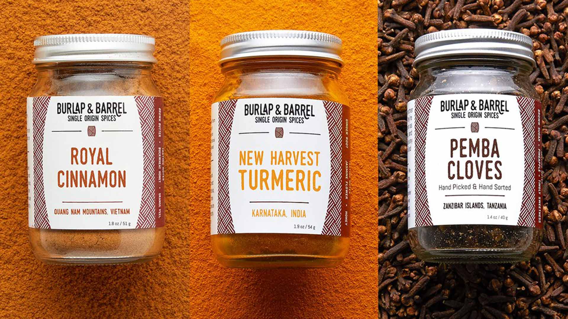 Burlap & Barrel products: Royal Cinnamon, New Harvest Turmeric, Pemba Cloves