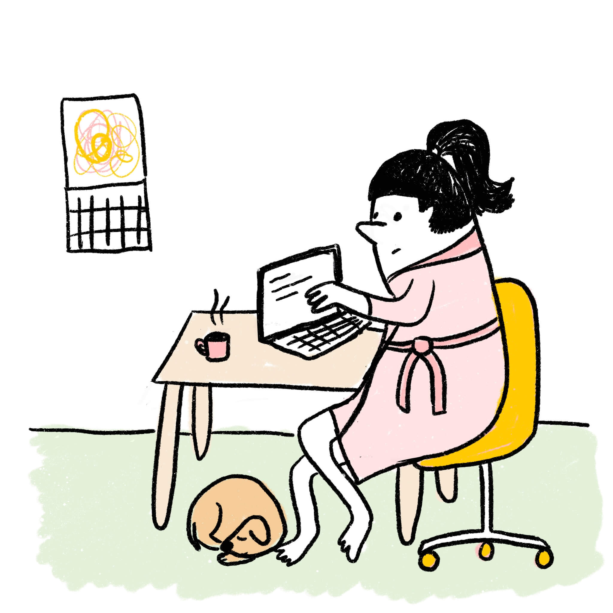 Illustration of person working at table with dog at feet 