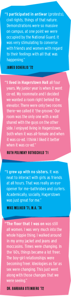 Mike Meliker ’71, M.A. ’74  I grew up with no sisters. It was neat to interact with girls as friends at all hours. That was really an eye-opener for me—bathrobes and curlers. Academically, socially, Hagerstown was just great for me.  Ruth Polinsky Rothschild ’71  I lived in Hagerstown Hall all four years. My junior year is when it went co-ed. My roommate and I decided we wanted a room right behind the elevator. There were only two rooms there—we called it “the groove.” Our room was the only one with a wall shared with the guys on the other side. I enjoyed the experience living in Hagerstown, both when it was all-female and when it was co-ed—I think I liked it better when it was co-ed.  James Scherlis ’72  I participated in anti-Vietnam War, civil rights, things of that nature. Demonstrations were so massive on campus, at one point we were occupied by the National Guard. It was very stimulating to converse with friends and women with regard to their feelings with all that was happening.  Dr. Barbara Steinberg ’72 The floor that I was on was still all women. I was very much into the whole hippie thing. I walked around in my army jacket and jeans and moccasins. Times were changing. In the ’60s, things became a lot freer. The boy-girl relationships were becoming freer. Ideologies as far as sex were changing. This just went along with those changes that we were seeing.