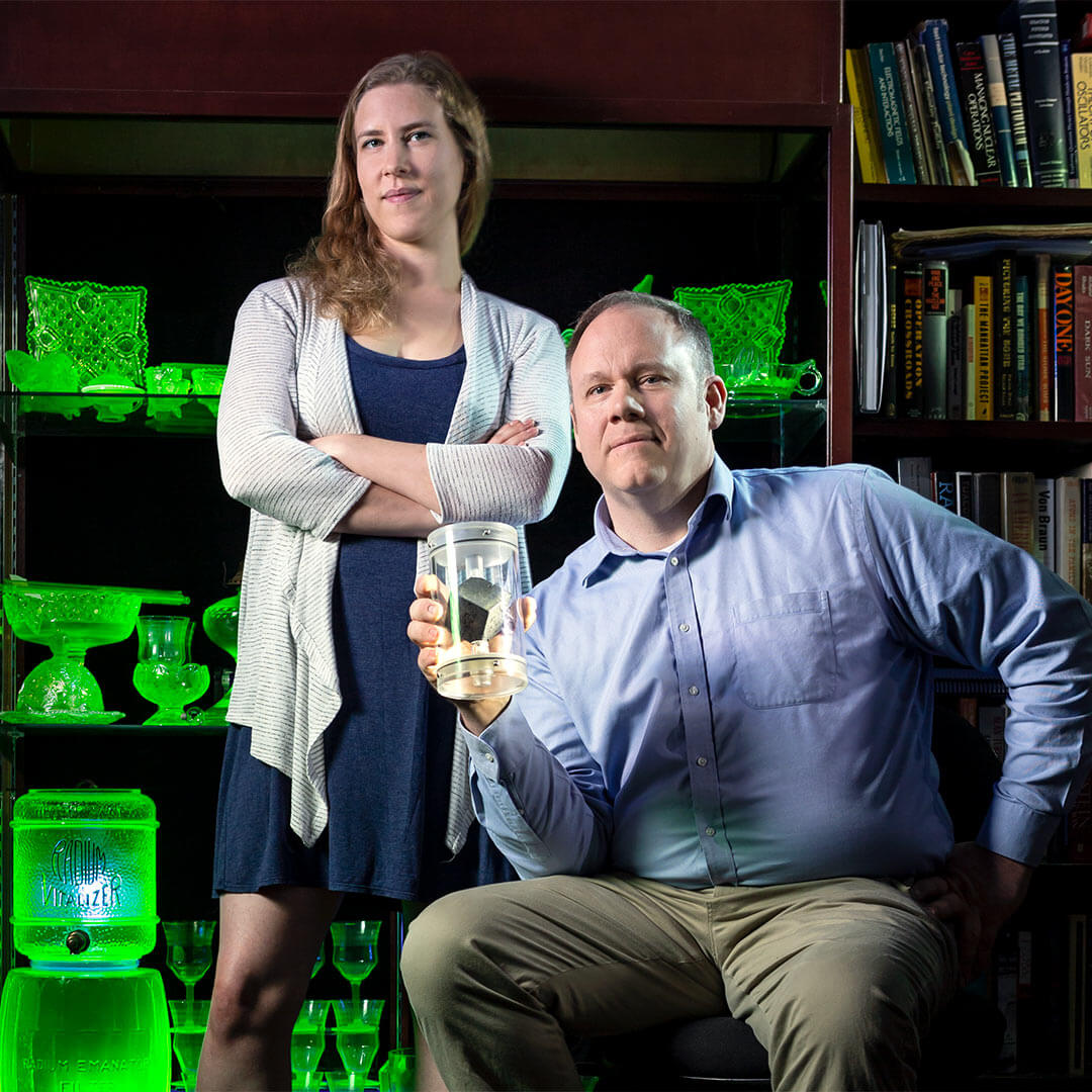 Tim Koeth and Miriam Hiebert with uranium cube in case