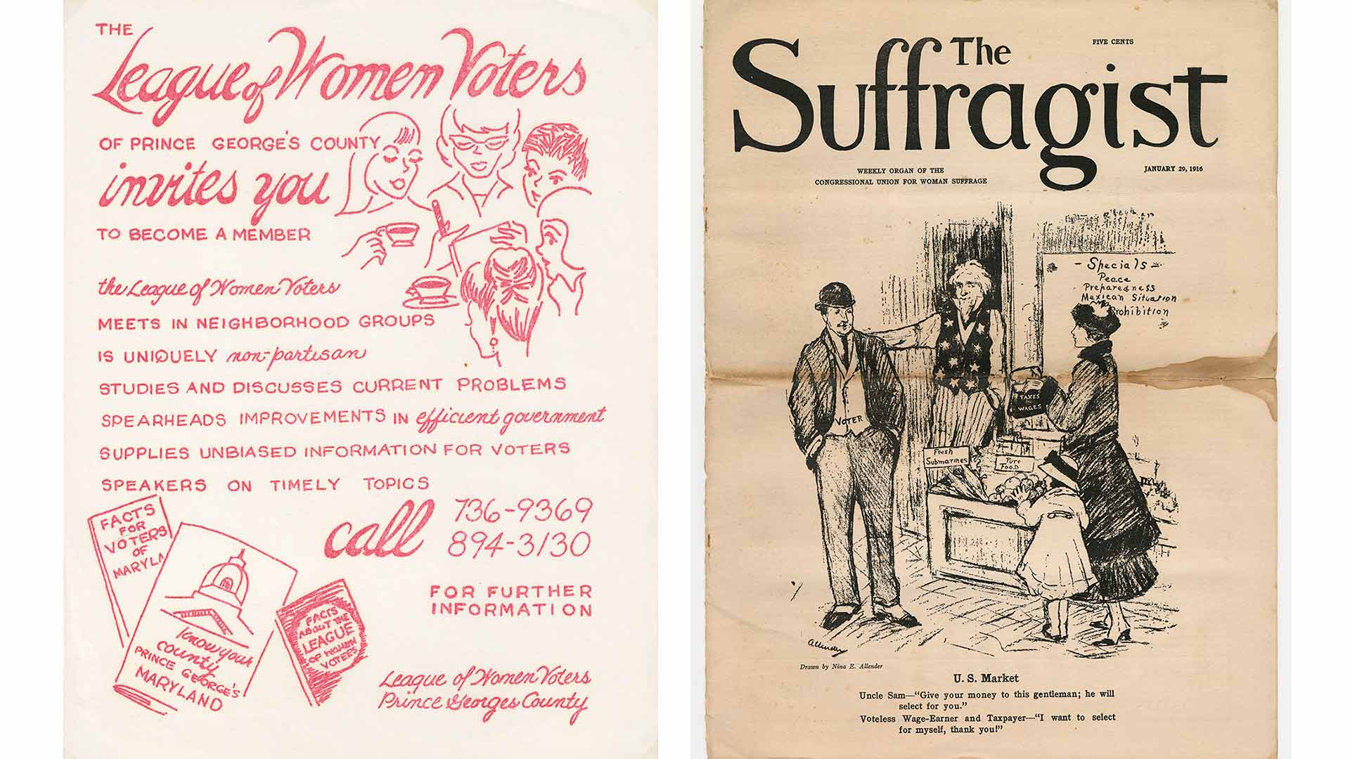 League of Women Voters invitations and The Suffragist 