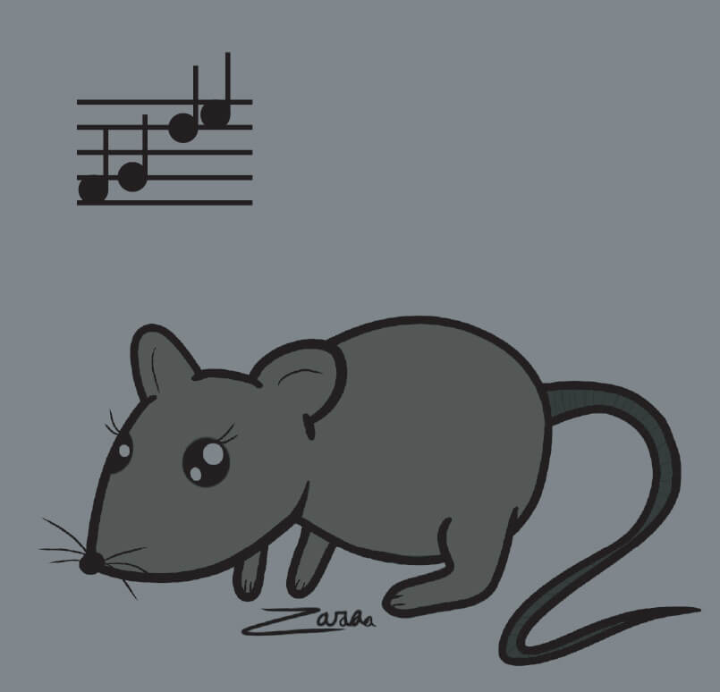 Illustration with mouse in the dark with musical notes