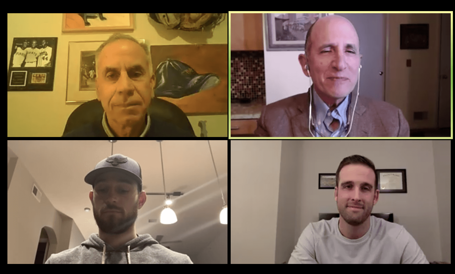 Zoom screengrab of Tim Kurkjian, Mark Hyman, Brandon Lowe and Adam Kolarek during virtual panel