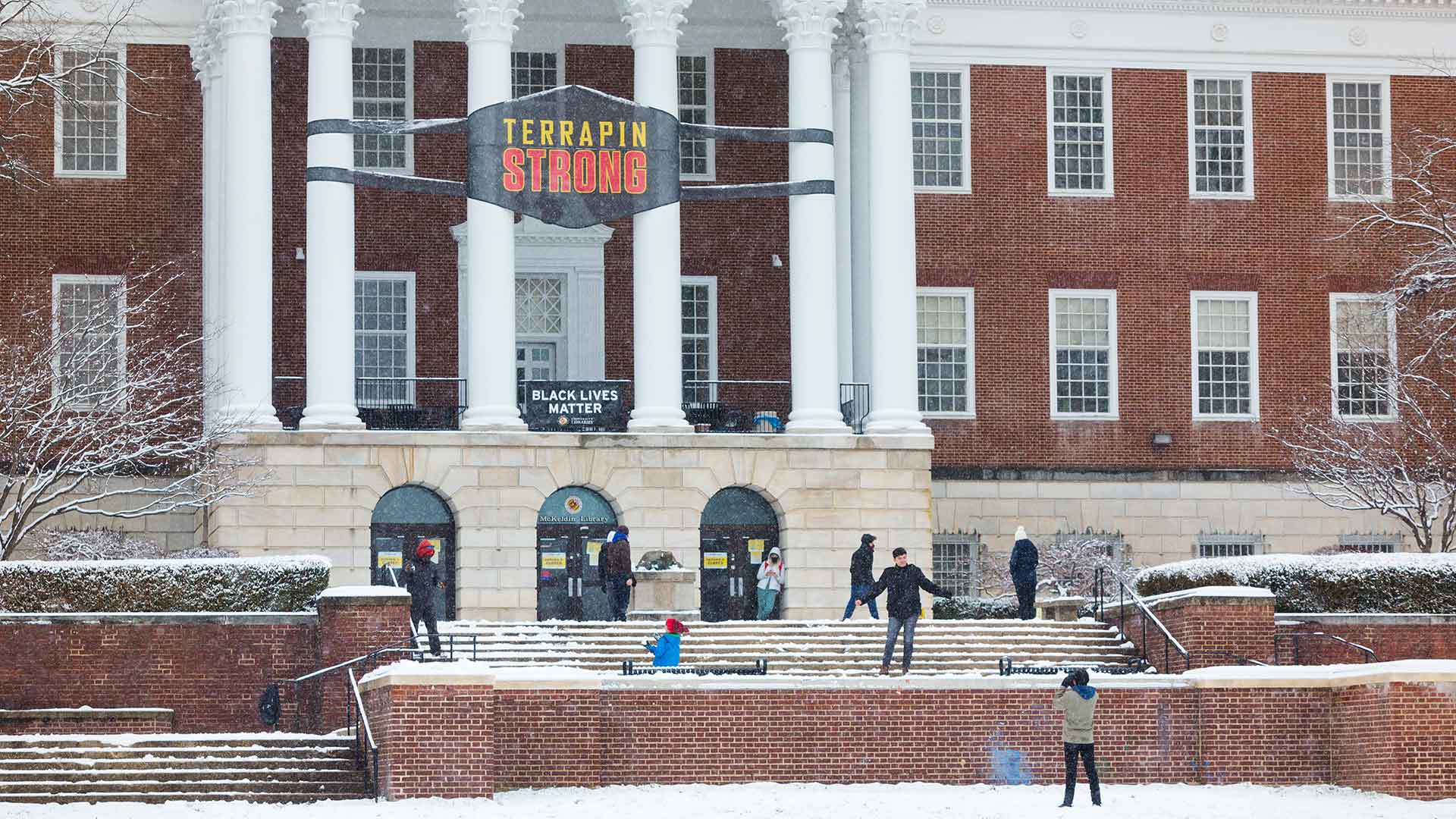 Front of McKeldin Library with snow