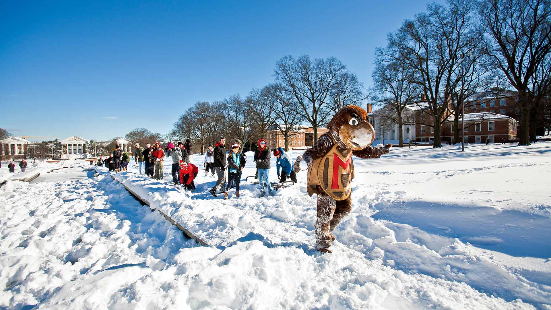 Testudo and students in the snow in 2016