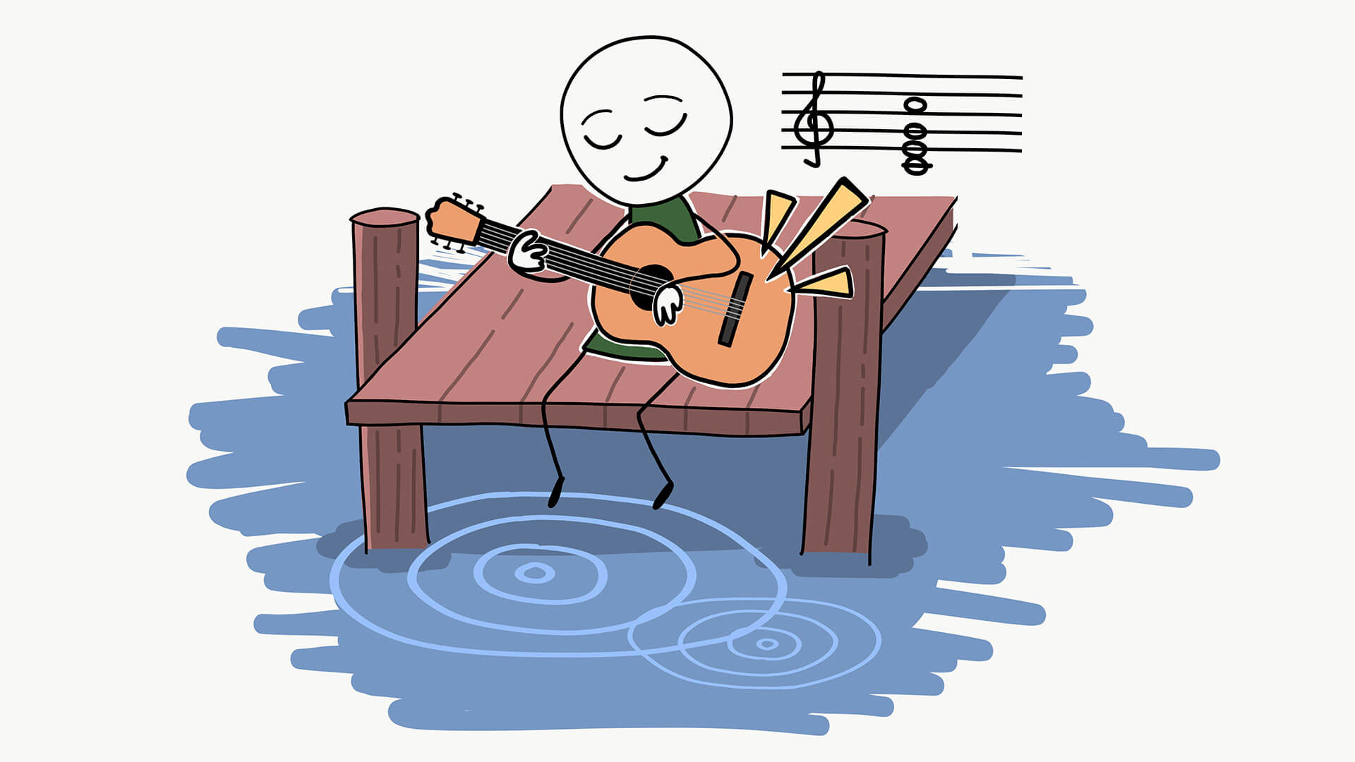 Illustration of person playing guitar on a dock