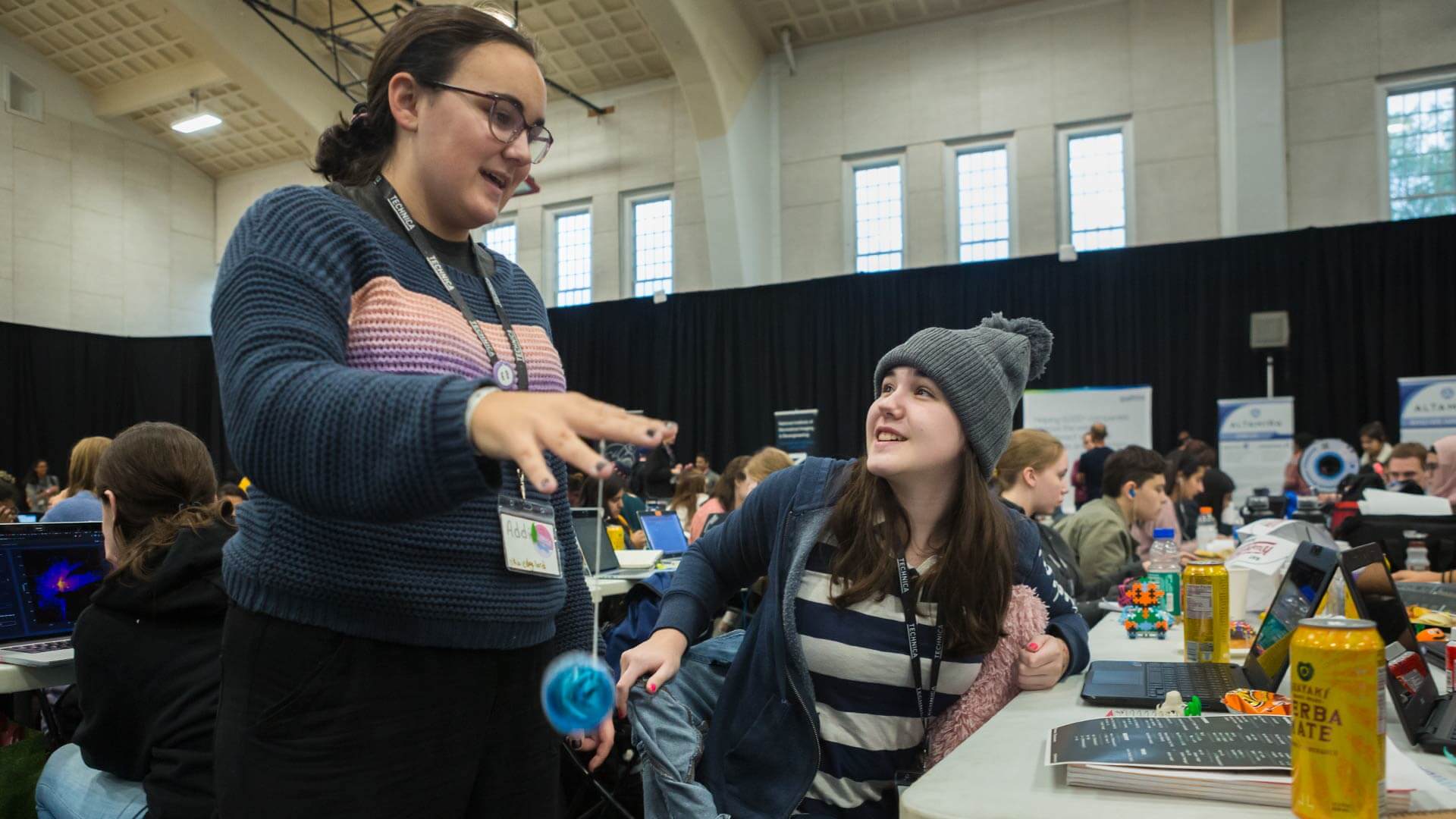 Catoctin High School junior Addison Eyler, left with yo-yo, and senior Jean Pembroke, both of Thurmont, Md., participate in Technica for the second time. "Technica is really fun, there is a lot of good energy. It gives us an opportunity to be with girls who do what we like to do,” Pembroke said.