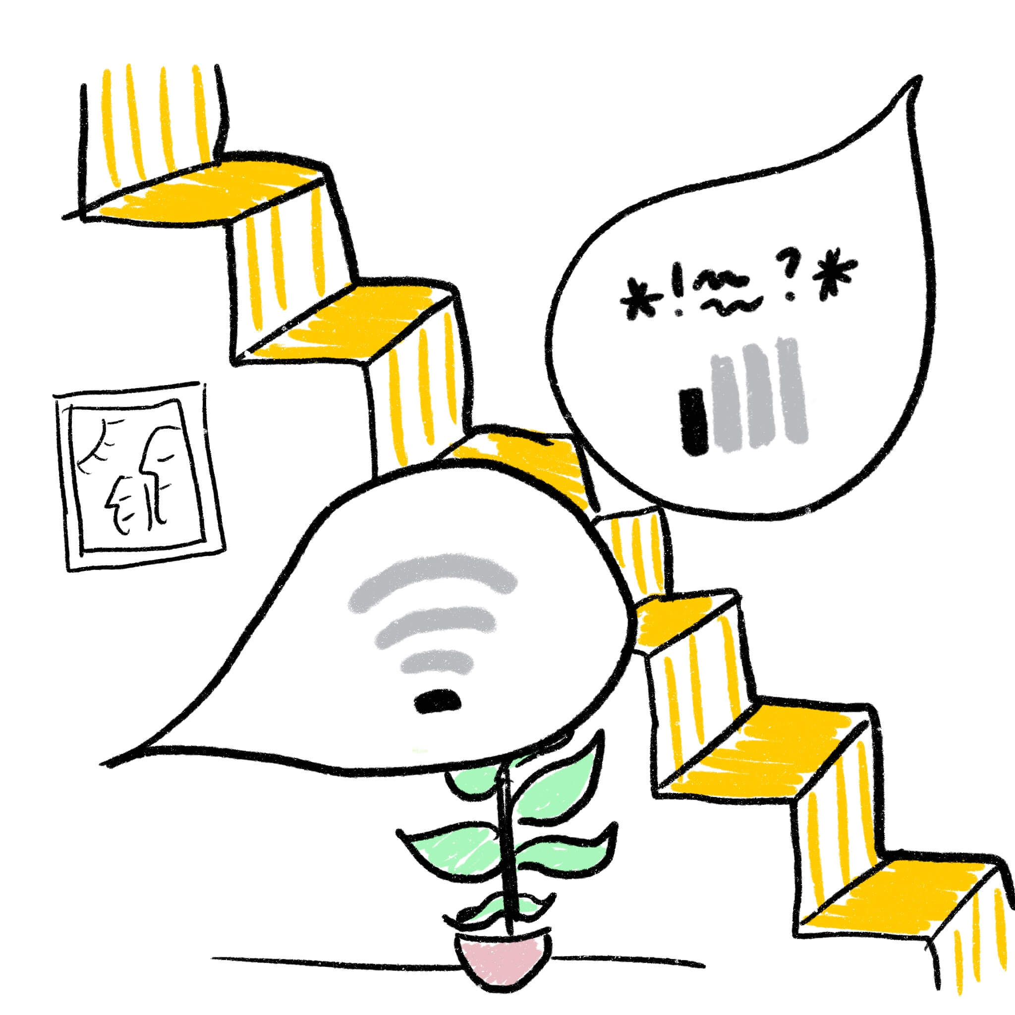 Illustration of stairs and two speech bubbles, talking about Wi-Fi/service