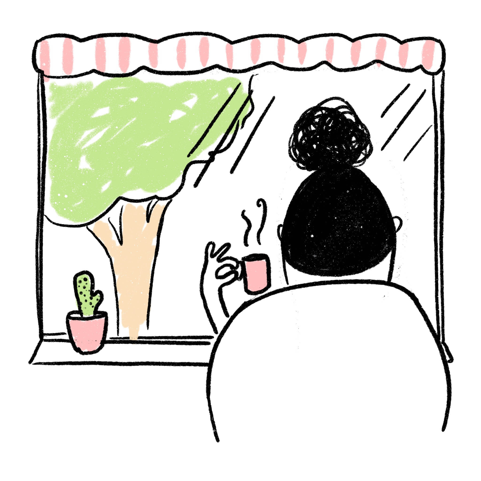 Illustration of person looking out the window