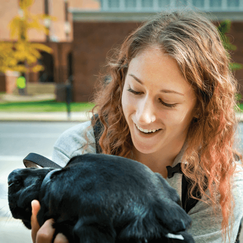 Kim Harrity pets Terp, the guide-dog-in-training