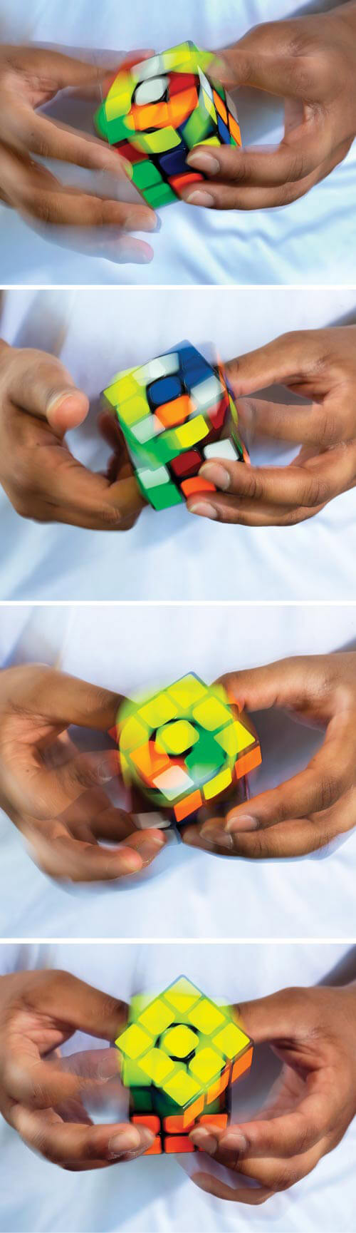 Series of photos of hands solving a Rubik's Cube