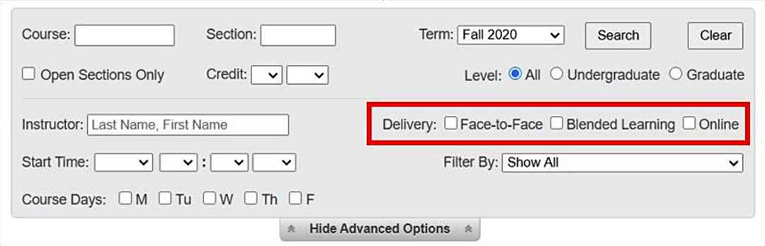 Screengrab showing how to choose class delivery type for a search in Testudo: face-to-face, blended learning or online