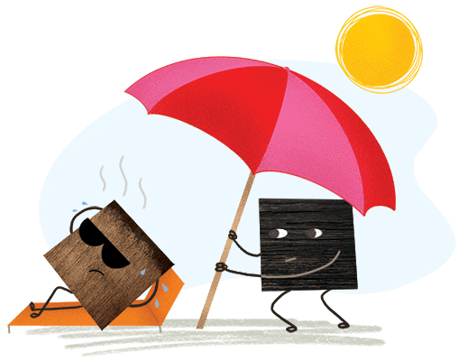 Illustration of one piece of wood sunbathing while another holds an umbrella